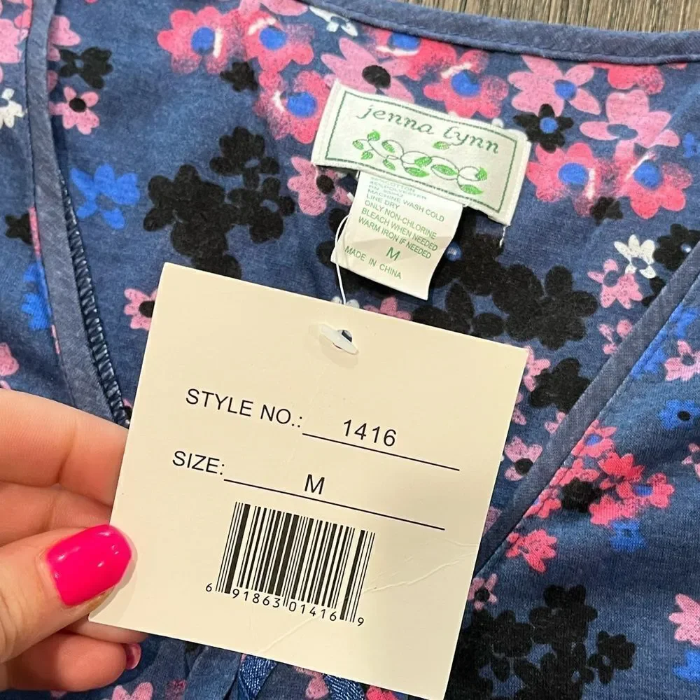 NWT Jenna Lynn Sleepwear Top Blue Floral Print Size M